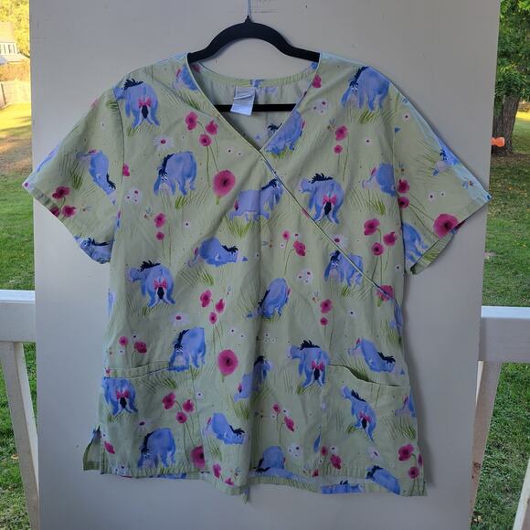 Disney Winnie the Pooh Eeyore Scrub Top XL Green Floral Print V-Neck Short... - Picture 1 of 9